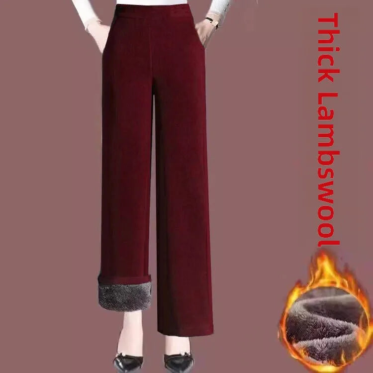 Thickened Fleece Lined Wide Leg Casual Pants for Mom High Waist Polyester Fiber Winter Warm Leisure Trousers for Middle-Aged ...