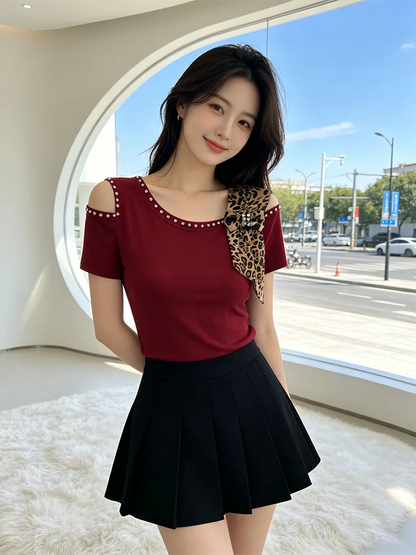 Summer New Off Shoulder Short sleeved T-shirt Korean Fashion Diamond Tops Slim Style Bowknot Women Shirt