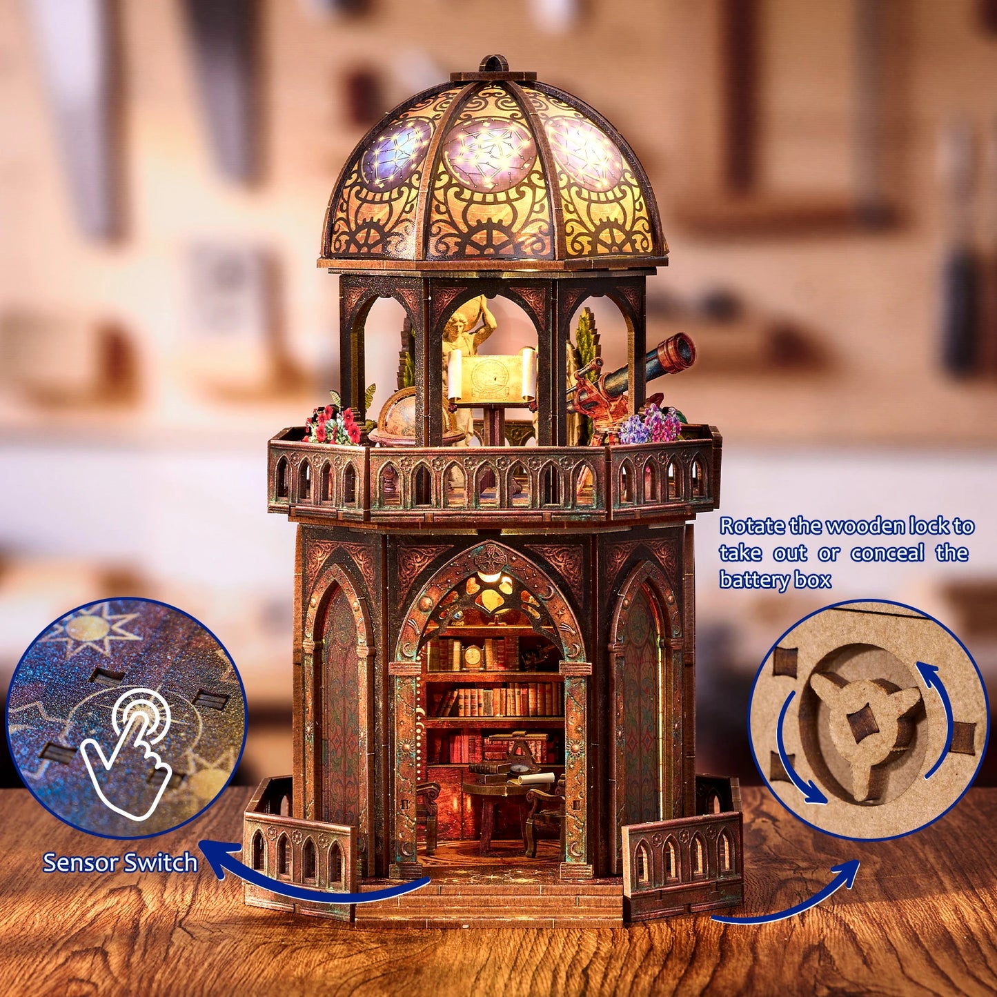 Book Nook Kit Observatory DIY 3D Wooden Puzzle Bookshelf Insert Dollhouse Model Bookend Building Home Decoration Gifts