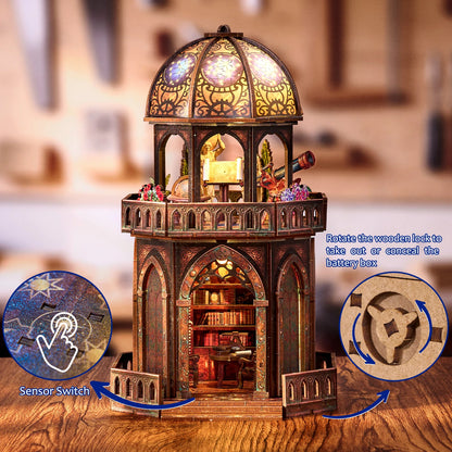 Book Nook Kit Observatory DIY 3D Wooden Puzzle Bookshelf Insert Dollhouse Model Bookend Building Home Decoration Gifts