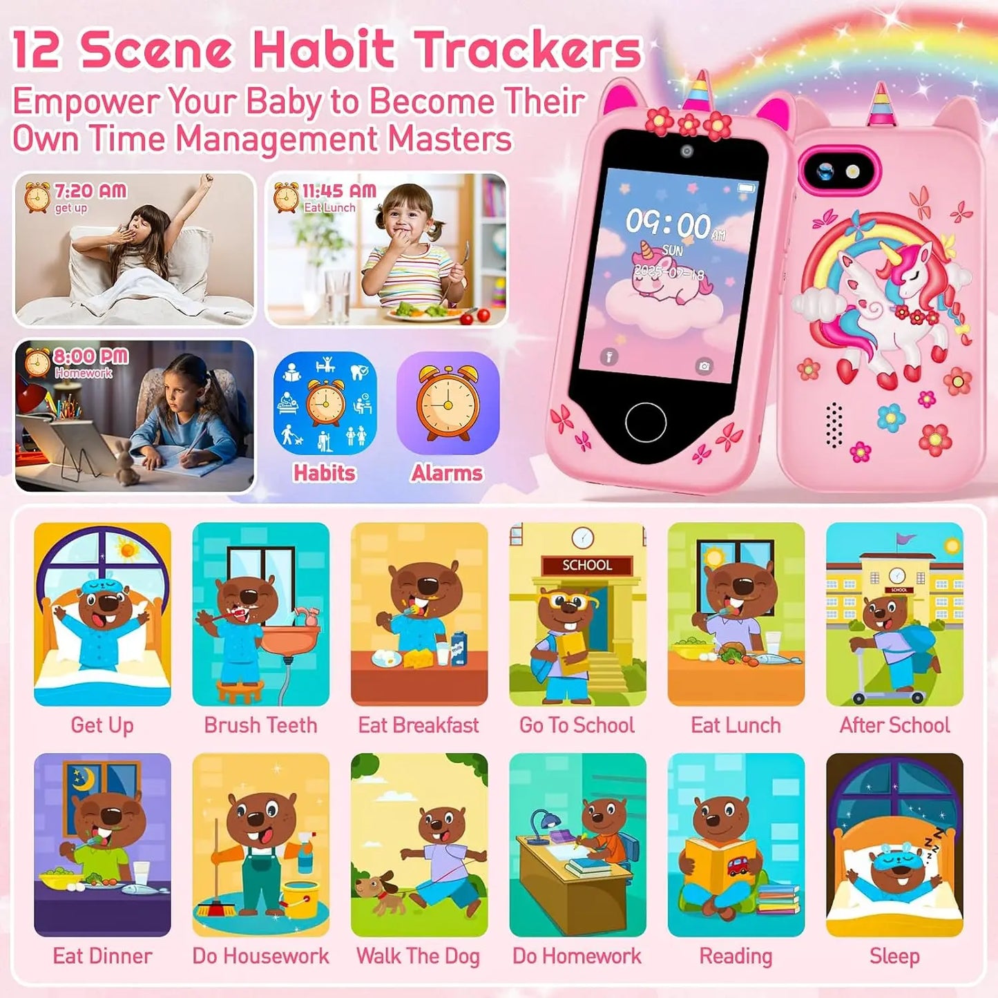 Smart Phone Toys Learning Phone Kids 2.8" Touch screen Dual Camera ABC/Habit Tracker Educational Games Perfect Gift For Boy Girl