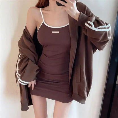 Spicy Girl Set Women's Autumn Fashion High-End Pure Desire Strap Vest  Skirt Hoodie Jacket Two-Piece Set Ladies' Wear