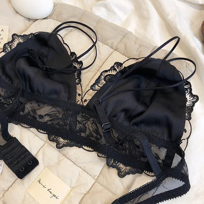 2 Pieces Sexy Lace Flowers Embroidery Underwear Set Women Ultra Thin Bra Set Wireless Comfort Brassiere Japan Intimate Lingerie
