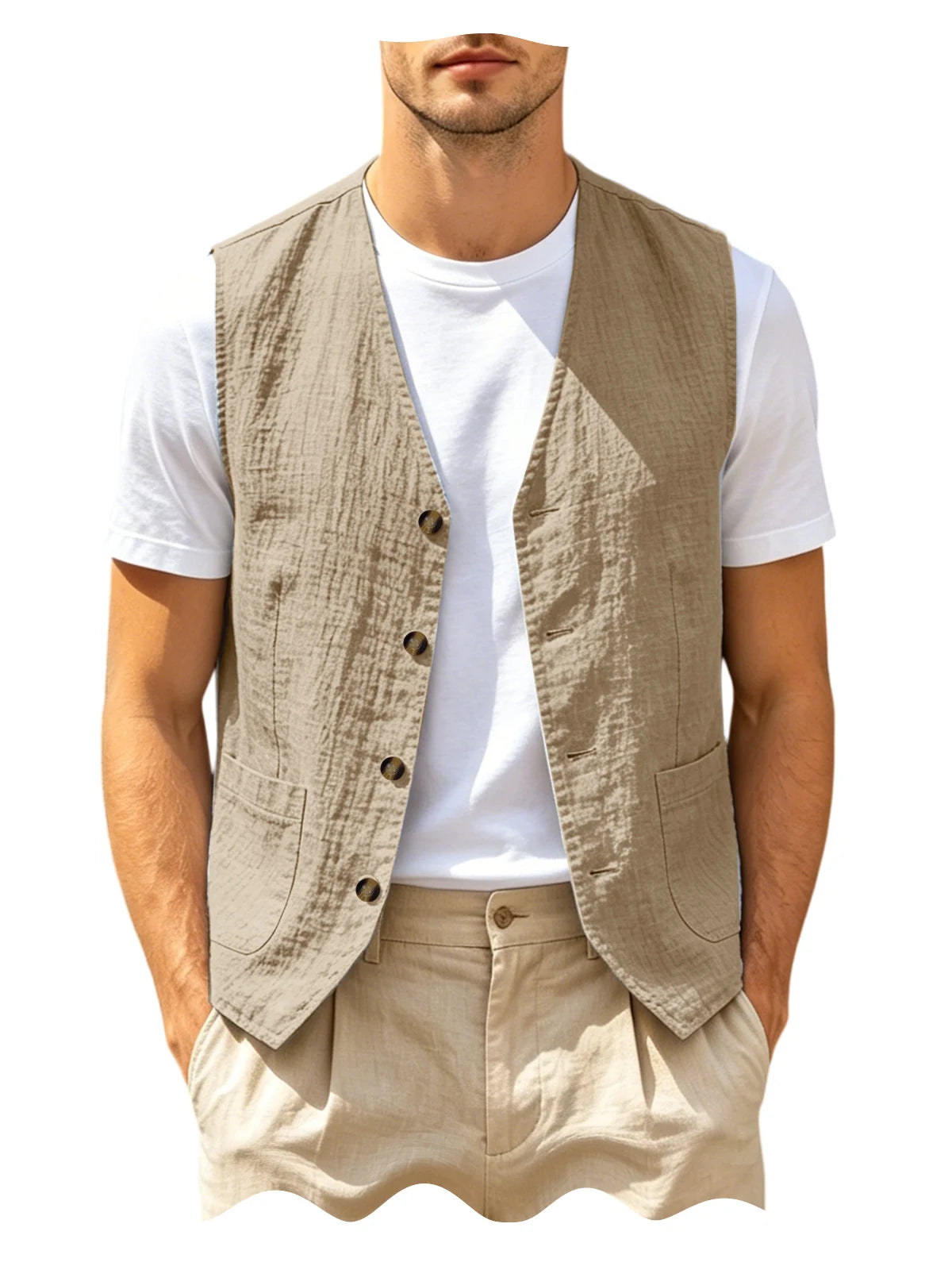 Men's Casual Linen Vest V-Neck Sleeveless Waistcoat Summer Lightweight Breathable Solid Color Button Up Vest For Daily Vacation