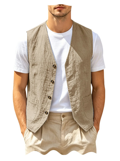 Men's Casual Linen Vest V-Neck Sleeveless Waistcoat Summer Lightweight Breathable Solid Color Button Up Vest For Daily Vacation