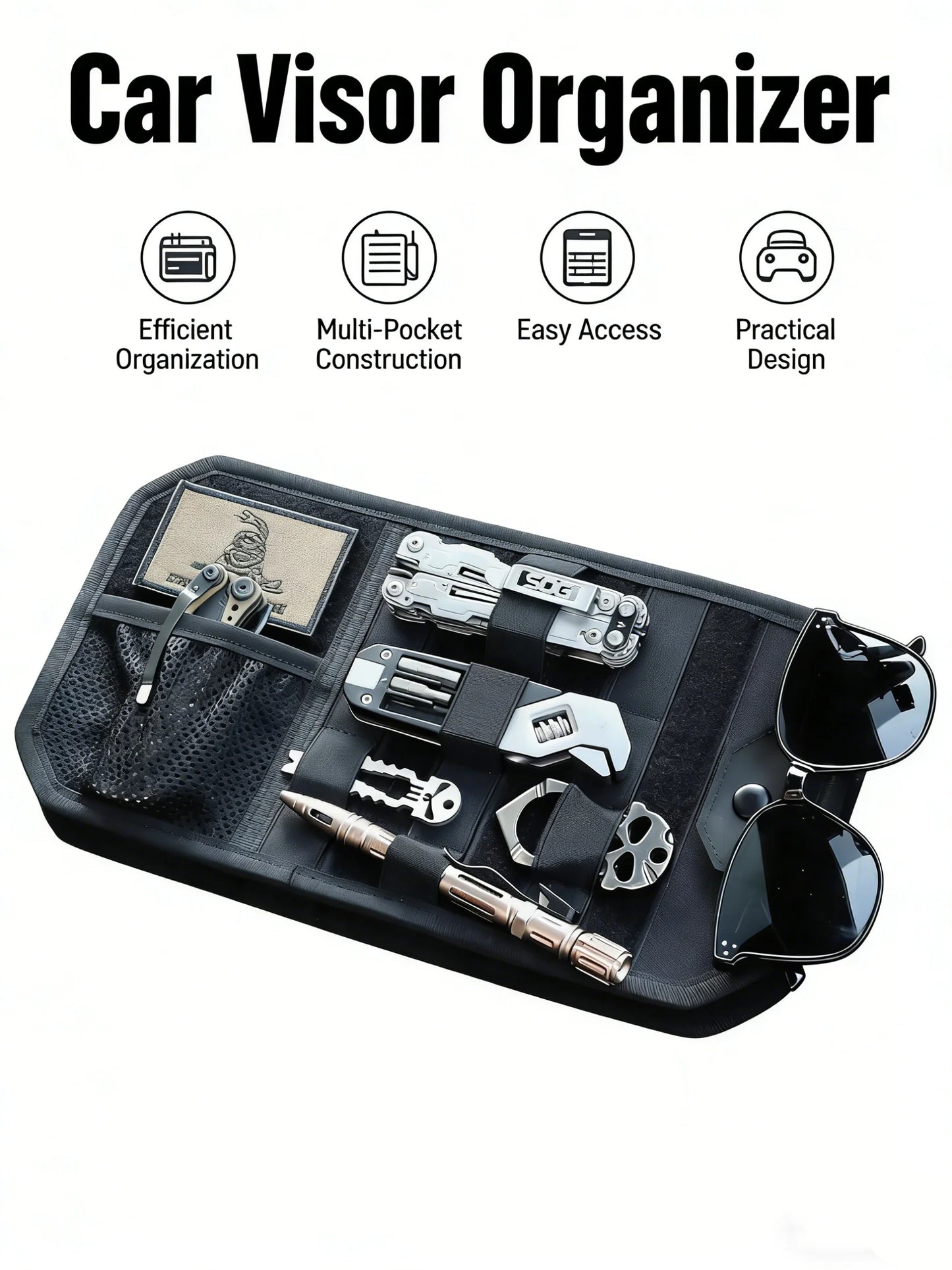 Tactical Car Sun Visor Organizer MOLLE Panel Pouch Universal Vehicle Visor Storage Bag for Sunglasses, Tools, Documents