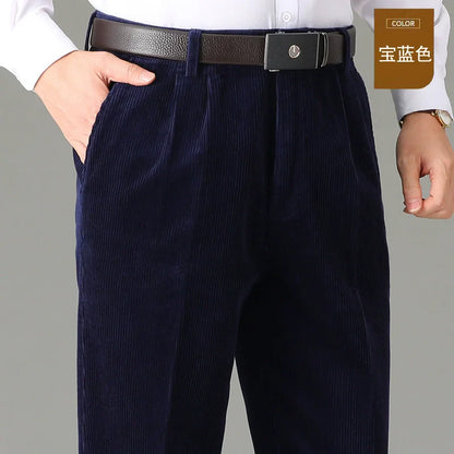 High Waist Double Pleated Winter Corduroy Pants Men Straight Loose 100% Cotton Autumn Casual Mens Trousers Size 44 46 48 50