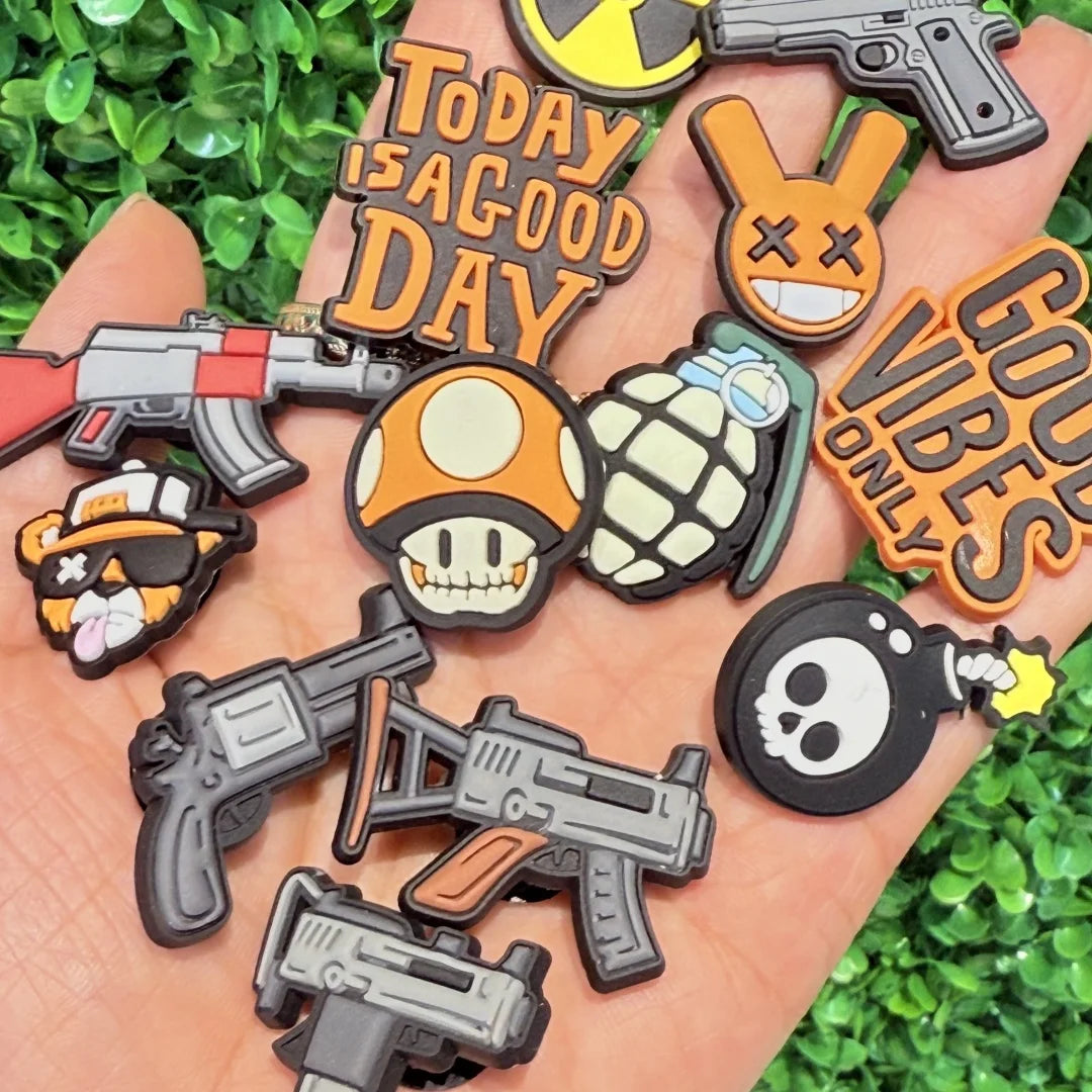 13-100pcs Skull Gun Mushroom Cool Shoe Buckle Sandal DIY Accessories PVC Shoes Charms Clogs Pins Decor Unisex Kids Party Gift
