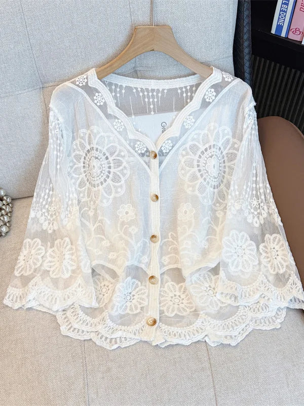 Elegant Embroidered Lace Shirt Women's Spring Summer plus Size Hollow out Button up Top French Style Straight Cut Thin Fabric