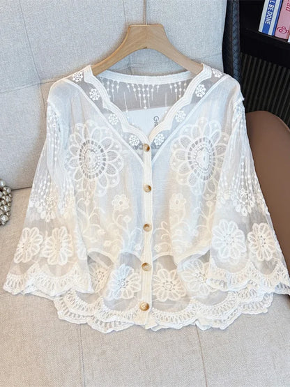 Elegant Embroidered Lace Shirt Women's Spring Summer plus Size Hollow out Button up Top French Style Straight Cut Thin Fabric