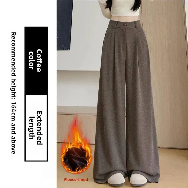 Korean Style High Waist Loose Fit Fleece Lined Wide Leg Pants Women's Autumn Winter New Arrival Straight Cut Trousers