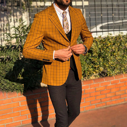Men's Stylish Plaid Suit Jacket with Pockets Outdoor Casual Two Button Suit Suitable for Men's Daily Wear