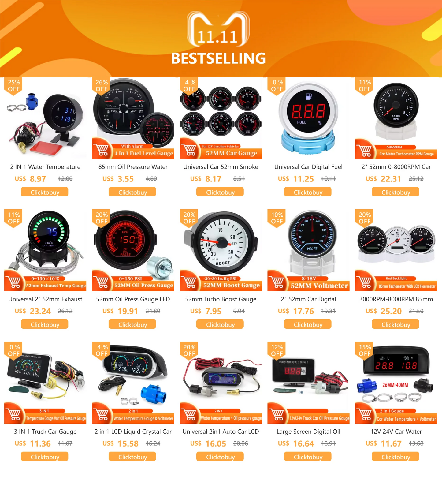 2 IN 1 Water Temperature Gauge Digital Led Voltmeter Water Temp Joint Pipe Sensor Car Truck Motorcycle Car Temperature Sensor
