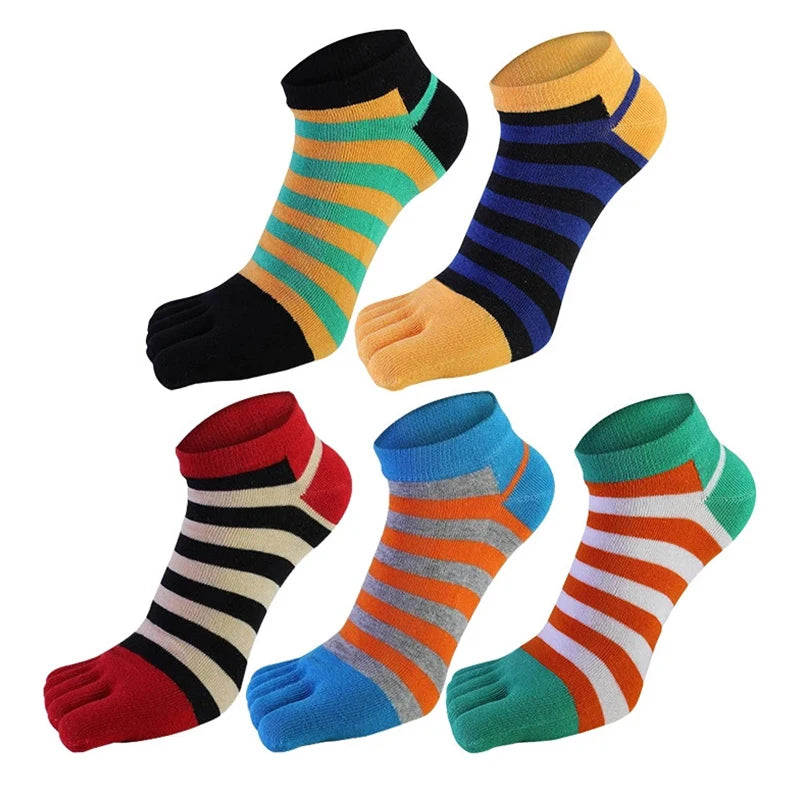 5 Pairs/lot Combed Cotton Ankle 5 Finger Socks Men Boy Striped Colorful Casual Sweat-Absorbing Breathable Boat No Show Toes Sock