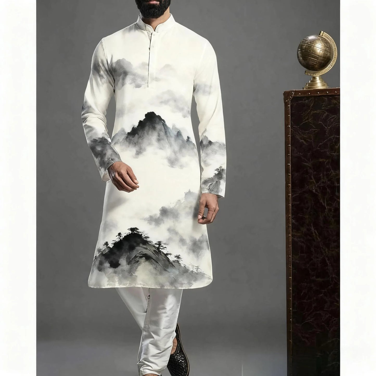 2026 Muslim Tops Men's Ethnic Style Long-sleeved Stand-up Collar Shirts Casual Slim Irregular Ropa Musulmana Hombre