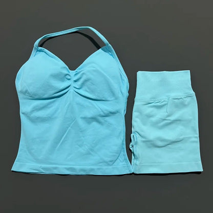 HISTELLO 2 Pieces Sports Set Women Yoga Longline Strap Top Scrunch Seamless Shorts Sport Gym Set Sportswear Workout Fitness Set
