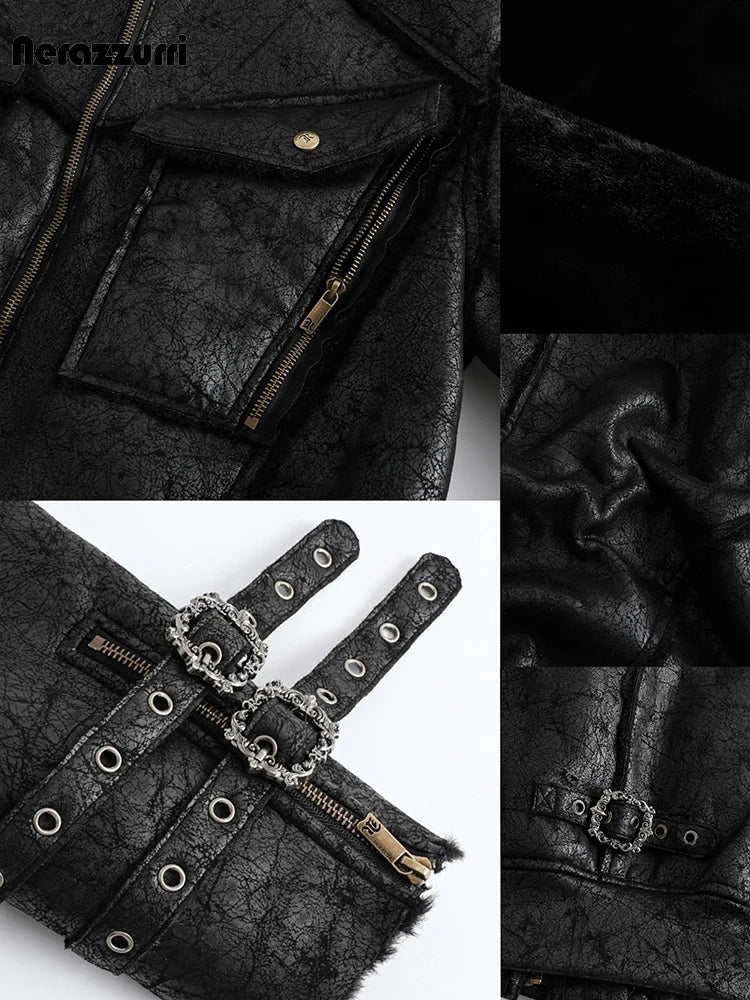 Nerazzurri Autumn Winter Thick Warm Windproof Black Faux Sheepskin Coat Women Zipper Luxury Menswear Clothes Fluffy Jacket 2026