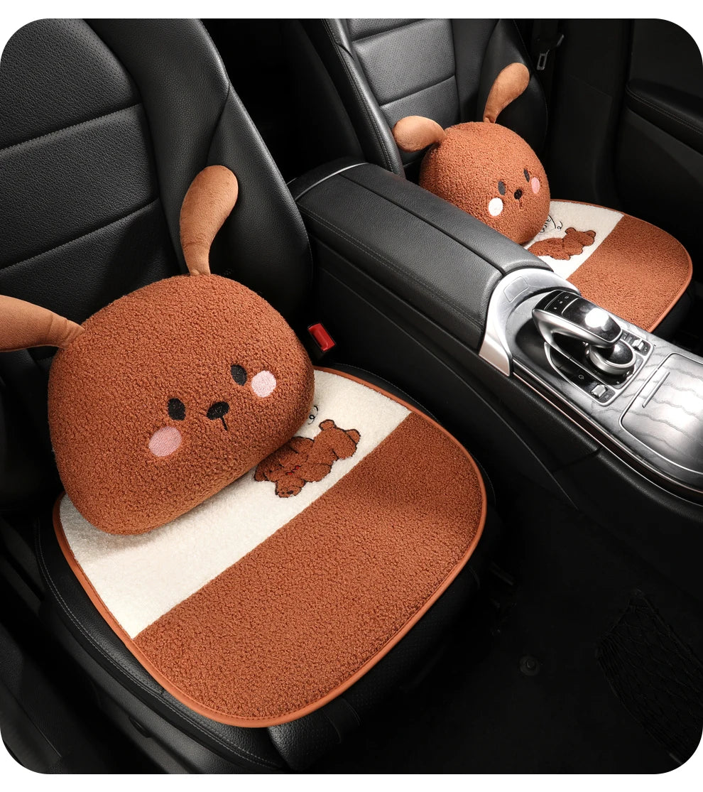 Funny Puppy Car Seat Cover 2025 New Autumn Fleece Fabric PU Leather Warm Comfortable Quick Installation Fits Most Cars