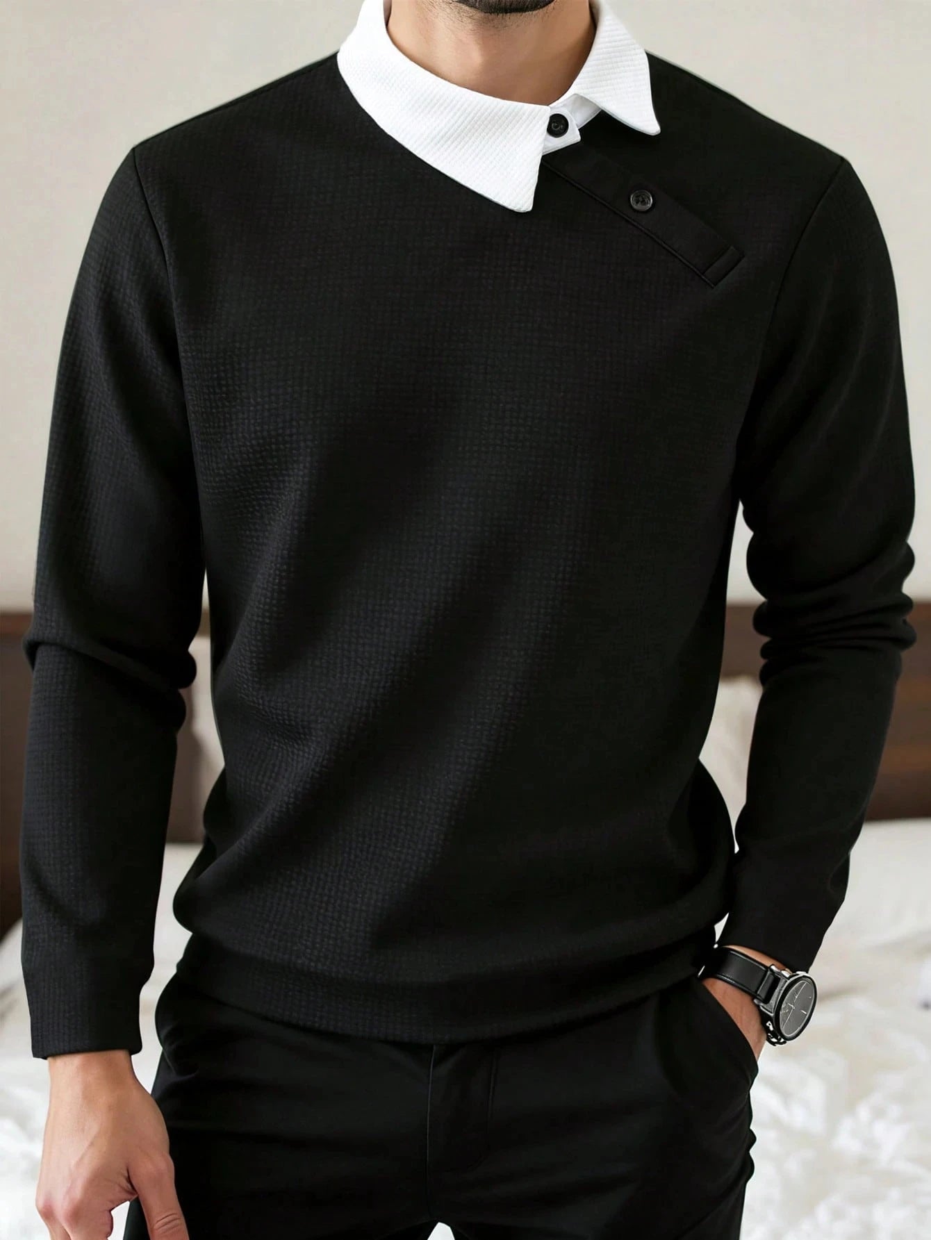 Men's light business vacation two-piece contrasting collared sweatshirt with spring and autumn waffle design casual long sleeved