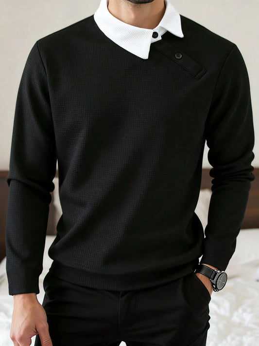 Men's light business vacation two-piece contrasting collared sweatshirt with spring and autumn waffle design casual long sleeved