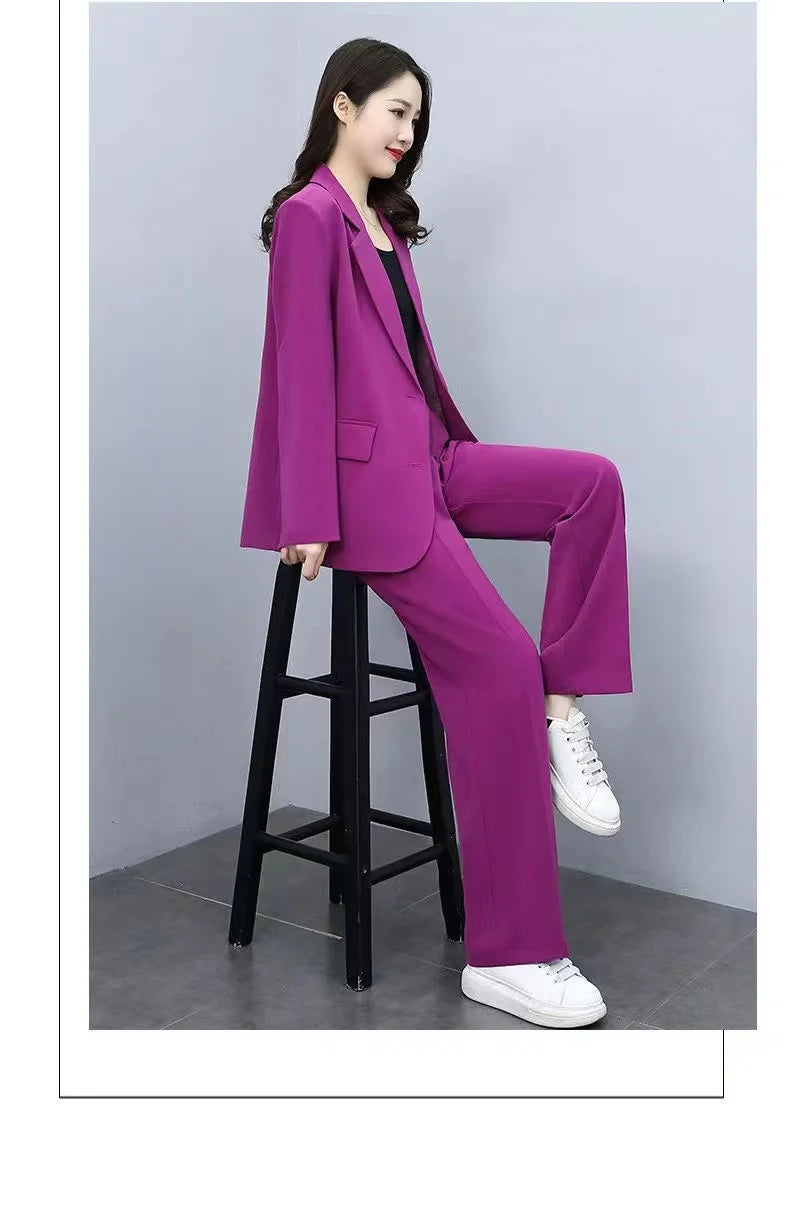 Spring 2026 plus Size Suit Set Loose Wide Leg Pants Two Piece Set Korean Style Commute Casual High Waist Polyester Fiber