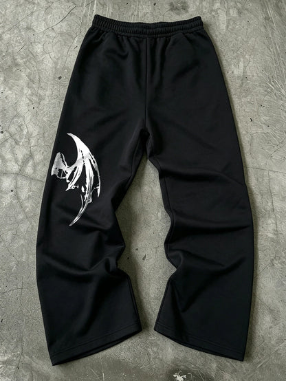 Mens Dark Gothic Spider Bat Wing Print Baggy Wide Leg Sweat Pants Loose Straight Drawstring Hip Hop Street Joggers