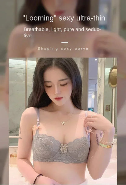 BANERDANNI French Lace Bralette Set Breathable Non-Padded Bra for Petite Sheer Floral Lingerie Wireless Comfort Anti-Gap Design