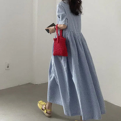 Summer New Long Sleeveless round Neck Plaid A-Line Dress Women's Sweet Style Cross-Border Fashion Cotton Linen Dress