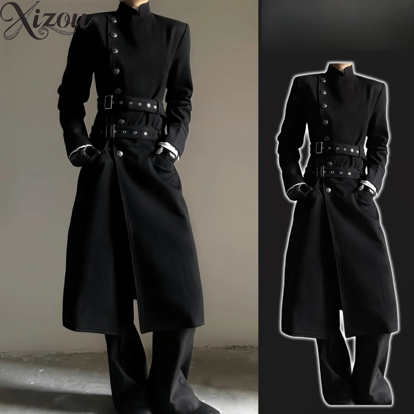 Black Belt Button Long Trench Coat Stand Collar Pad Shoulder Slim Fit Military Uniform  Cosplay Spring Autumn Unisex Men Women