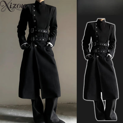 Black Belt Button Long Trench Coat Stand Collar Pad Shoulder Slim Fit Military Uniform  Cosplay Spring Autumn Unisex Men Women