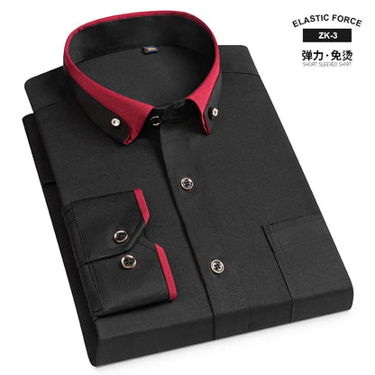Fashion Color Contrast Men's Elastic Non-iron Long-sleeved Business Shirts Diamond Button Single Pocket Comfort Workwear Clothes