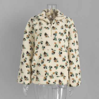 Talenza Fashion Print Pullover Contrast Oversized Zipper Knit Long-Sleeve Top Casual Warm Office Wear Vintage Women Sweatshirts