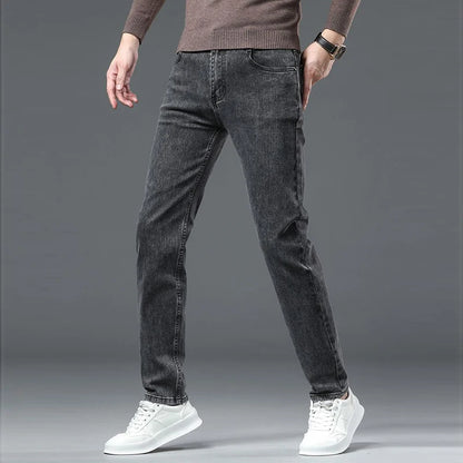 Amekaji Men Fashion  Slim Fit Jeans Male Elasticity Smart Casual Mid Classics Straight Denim Pants Wedding Party Black Trousers