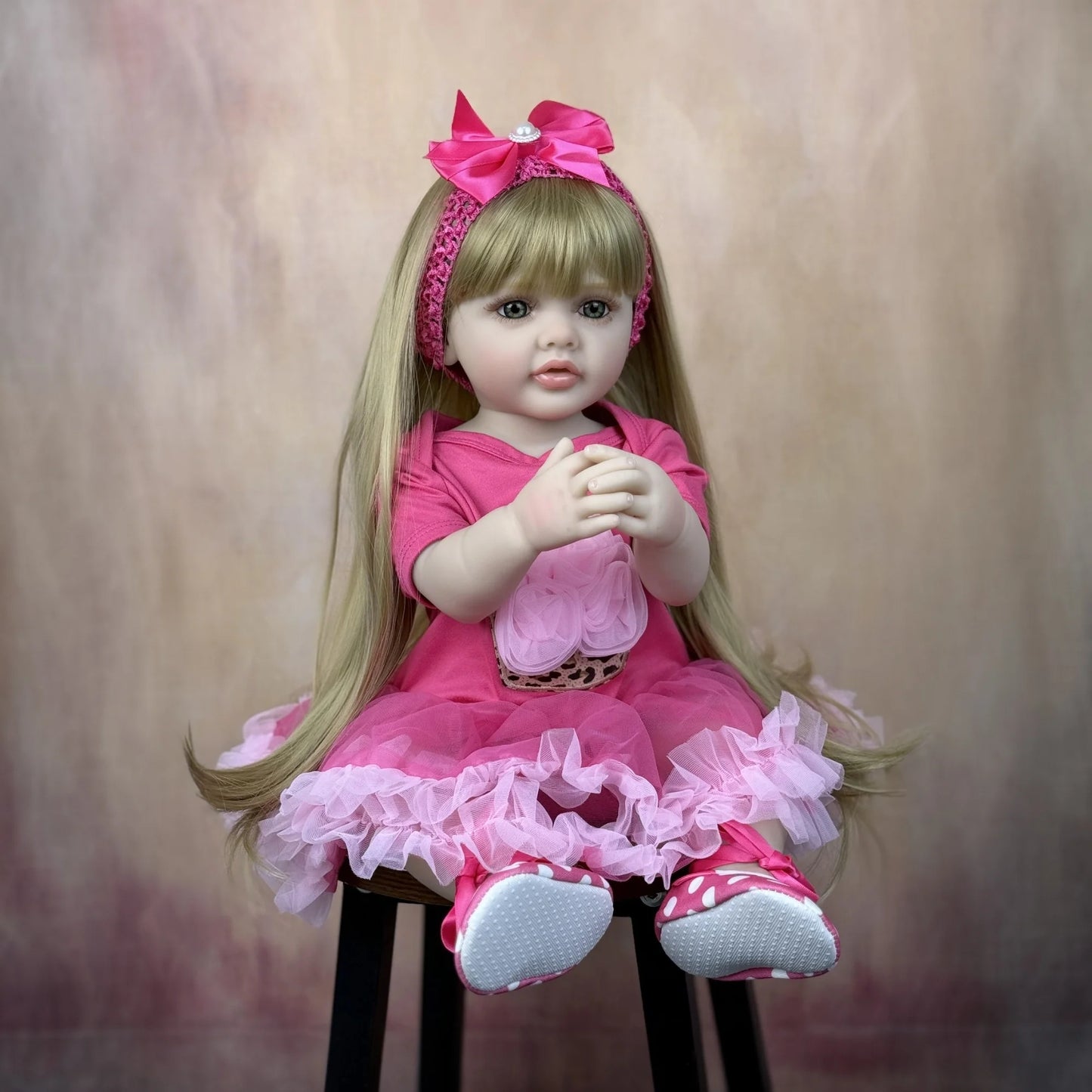 BZDOLL 22in 55cm Full Vinyl Body Reborn Baby Doll Long Hair Princess Bath Toy Dress Up and Bedtime for Kids Lovely Birthday Gift