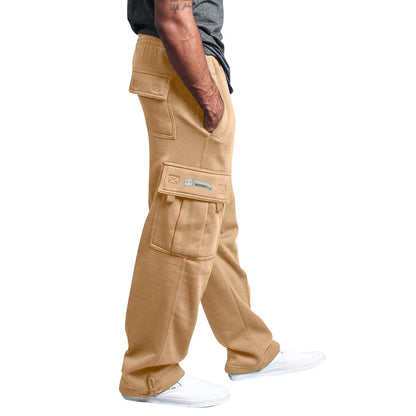 Men's Cargo Pants Rope Loosening Waist Solid Color Pocket Trousers Comfortable Loose Sports Trousers Casual Wide Leg Pants