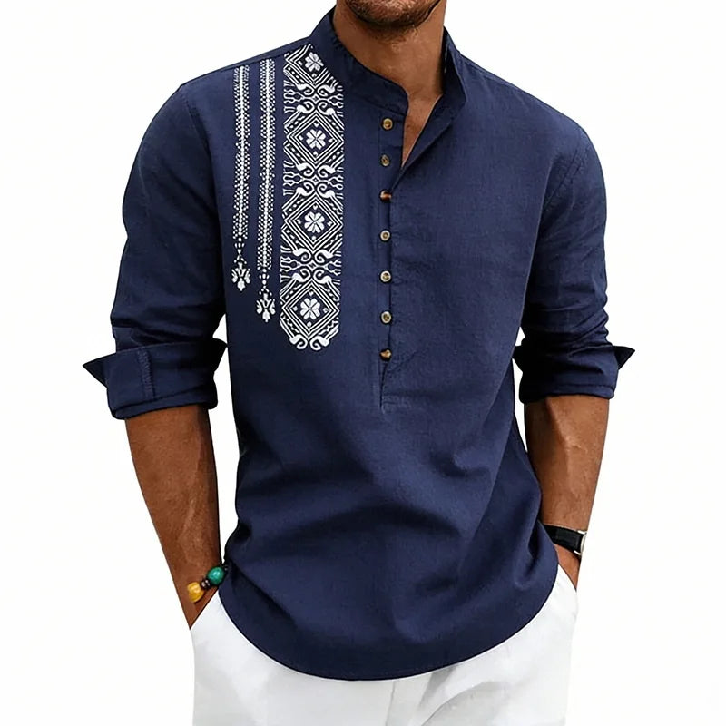 Spring and summer long-sleeved loose ethnic style linen printing breathable stand-up collar breasted long-sleeved shirt men