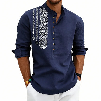 Spring and summer long-sleeved loose ethnic style linen printing breathable stand-up collar breasted long-sleeved shirt men