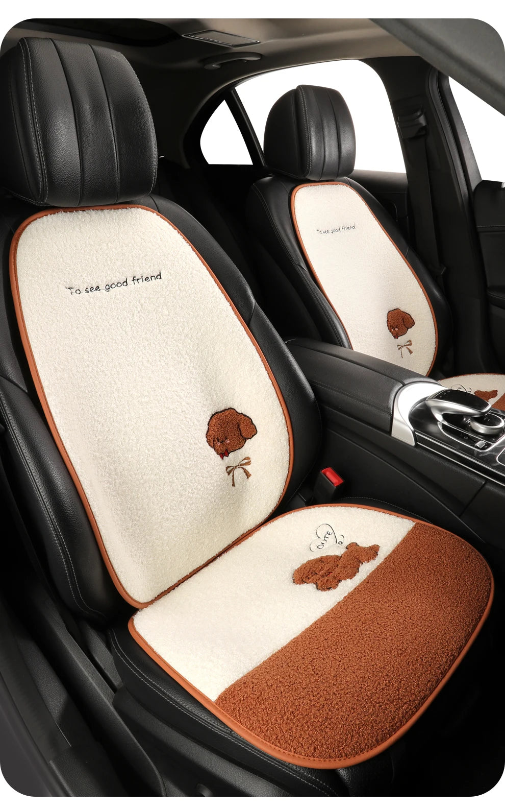 5 Seats Funny Puppy Car Seat Cover Fleece Fabric PU Leather Warm Comfortable Quick Installation Fits Most Cars