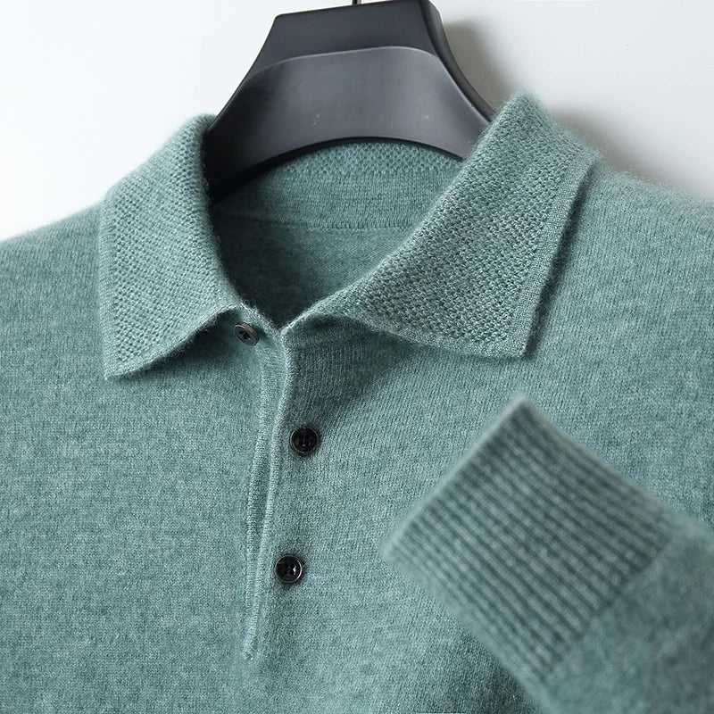 Autumn And Winter 100% Pure Wool Men's Polo Lapel Sweater Loose Large Size Casual Knit Bottoming Shirt