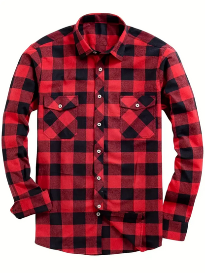 LVLAEA Plaid Pattern Men Fall Winter Buttonup Streetwear Long Sleeve Lapel Collar Pocket Decoration Trendy Y2K Tated Shirt for M