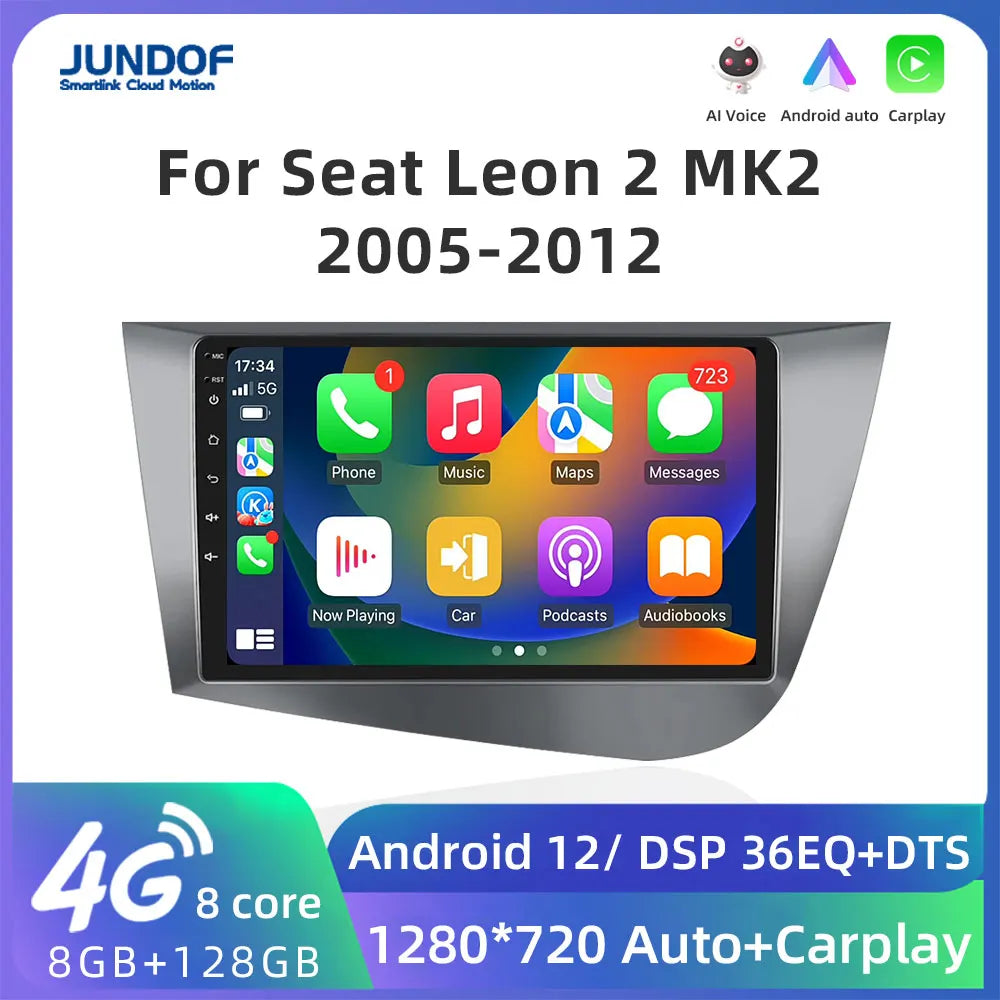 Jundof Car radio For Seat Leon 2 MK2 2005-2012 Carplay Android auto Qualcomm Car stereo Multimedia player 4G Wifi DSP 36EQ RHD