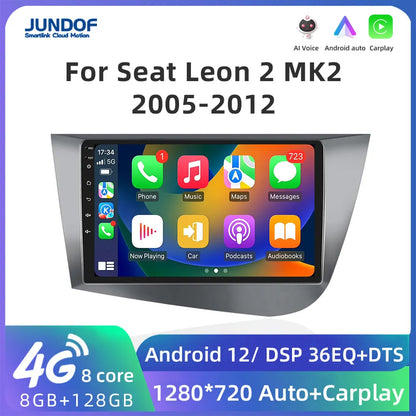 Jundof Car radio For Seat Leon 2 MK2 2005-2012 Carplay Android auto Qualcomm Car stereo Multimedia player 4G Wifi DSP 36EQ RHD