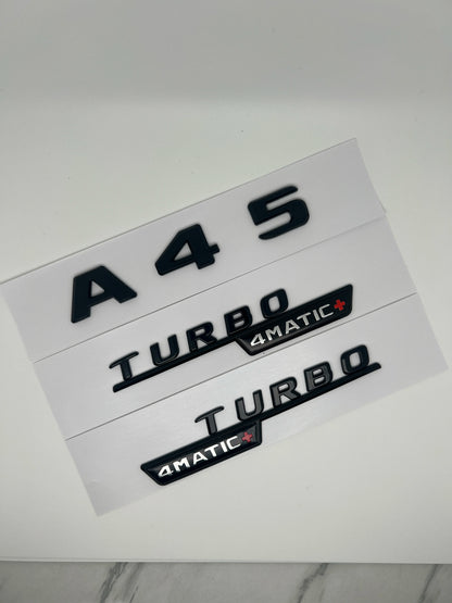 3D ABS Glossy Black Car Fender Badge Turbo 4MATIC Sticker Rear Trunk AMG Emblem A45 Logo For Mercedes Benz A 45 AMG W176 W177