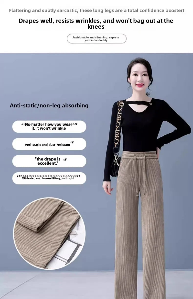 Thickened Fleece Wide Leg Pants Women's Casual Straight Cut Trousers Autumn Winter New Style High Waist Cotton Elastic Waist
