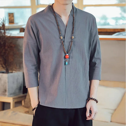 Summer Kimono Japanese Style Short Sleeve Men New Half-sleeved Cotton Linen Breathable Men Clothing T-shirt Japanese Yukata Tops