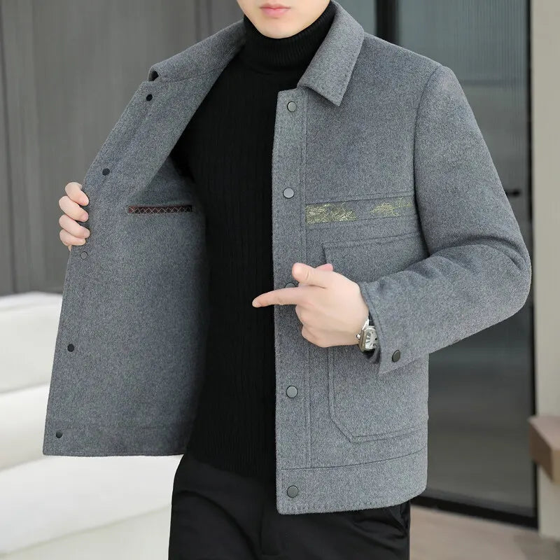 Classic Solid Color Woolen Jacket for Men Winter Thick and Warm Casual Business Trench Coat Fashion Slim Fit Streetwear Overcoat