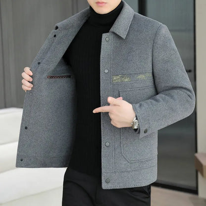 Classic Solid Color Woolen Jacket for Men Winter Thick and Warm Casual Business Trench Coat Fashion Slim Fit Streetwear Overcoat