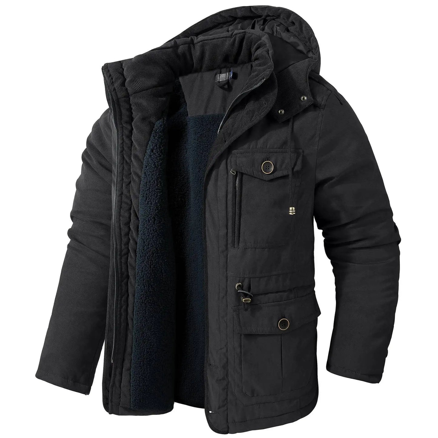 2025 Winter Men's American Fashion Versatile Hooded Cotton Jacket Thickened Multi Pocket Casual Simple Medium Length Top Coats