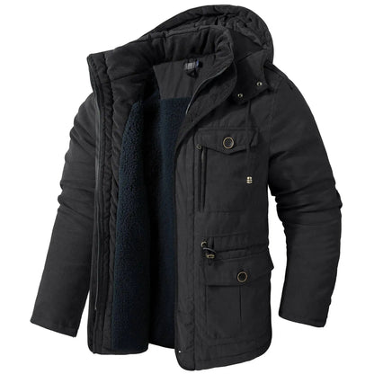 2025 Winter Men's American Fashion Versatile Hooded Cotton Jacket Thickened Multi Pocket Casual Simple Medium Length Top Coats