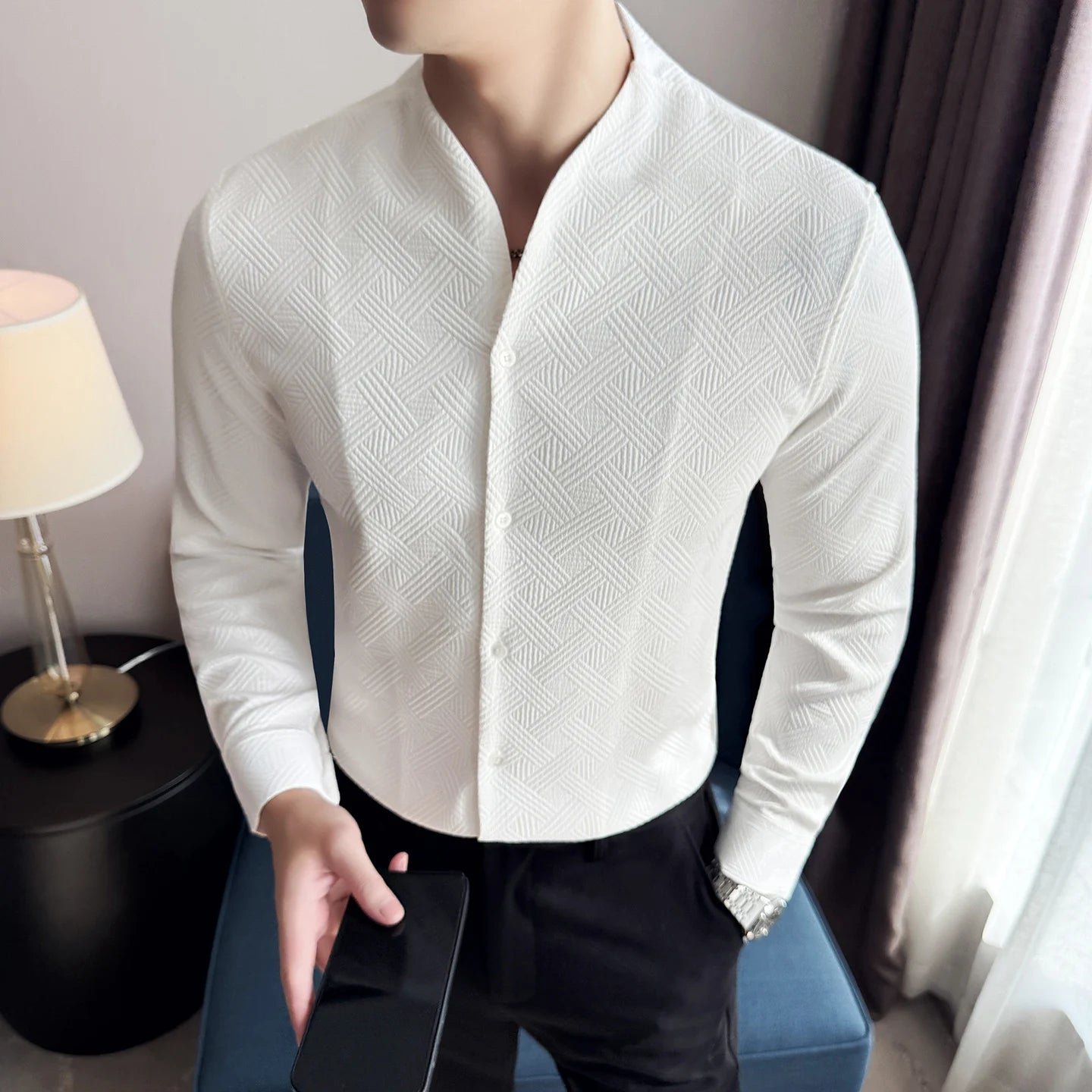 New Chinese Style V-neck Shirt Men's Long Sleeved Slim Fit Casual Business Stand-up Shirts High Quality Dress Tops Shirt 4XL-M